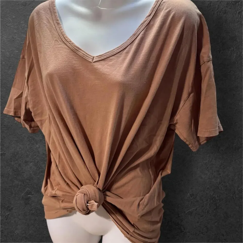 Aerie Brown Camel V-Neck Oversized Short Sleeve T-Shirt, Large - Picture 1 of 4